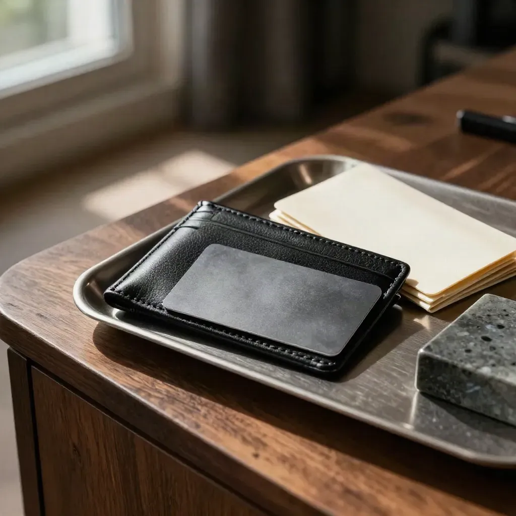 Black leather wallet and three bank cards beside one sleek card on a walnut sideboard.