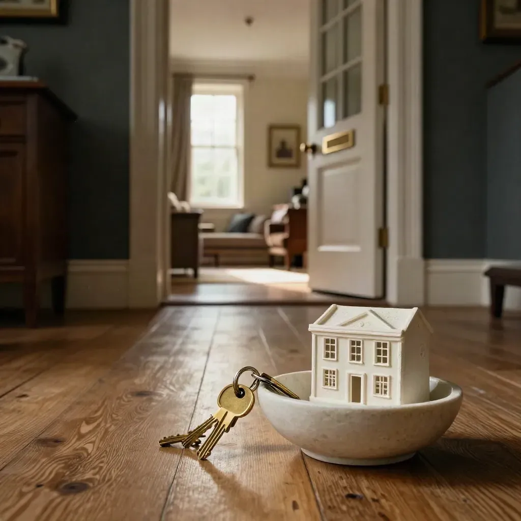 Sunlit hallway with brass keys, a tiny house model and warm new-home details.