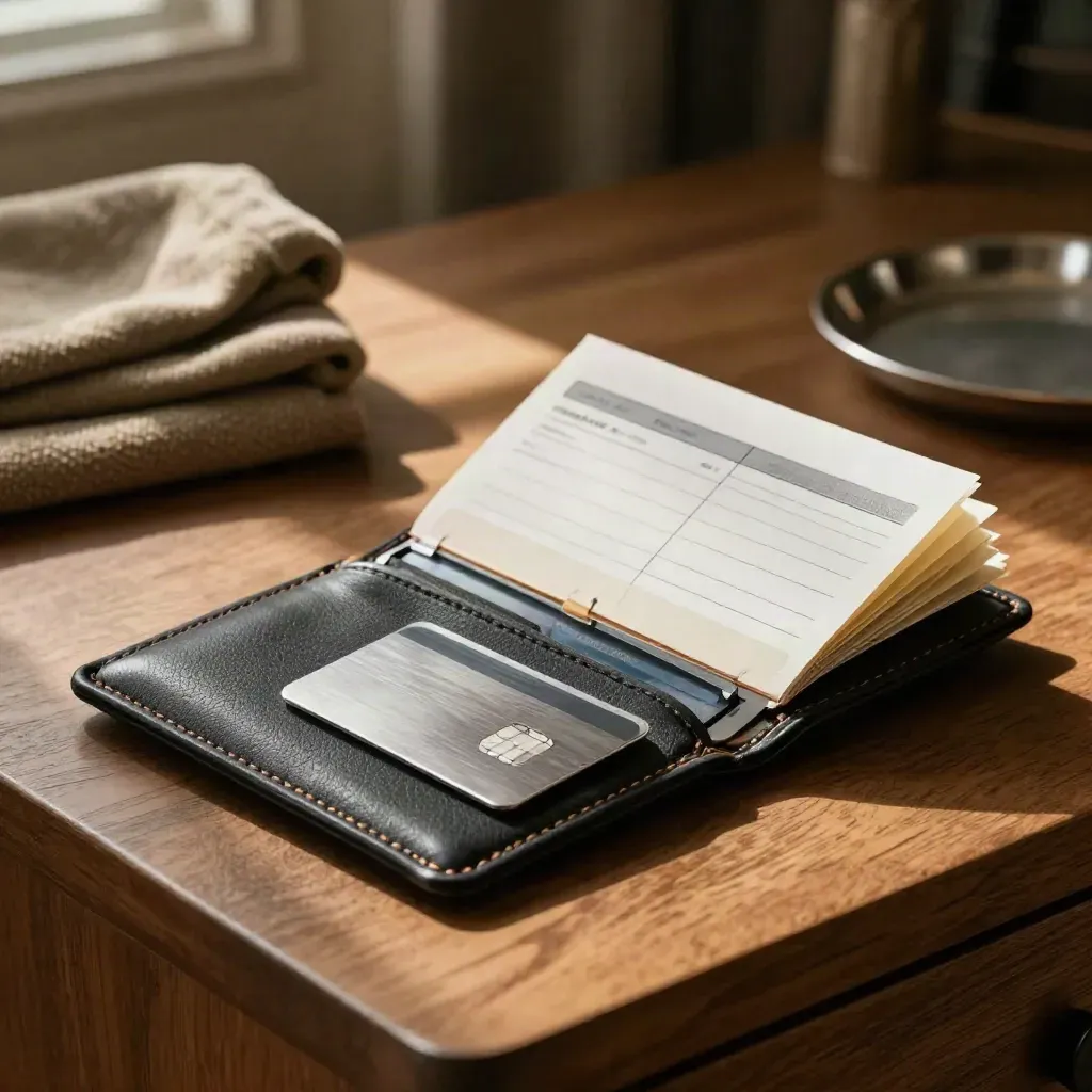 Leather credit file wallet, card holder and file dividers on a warm oak sideboard.
