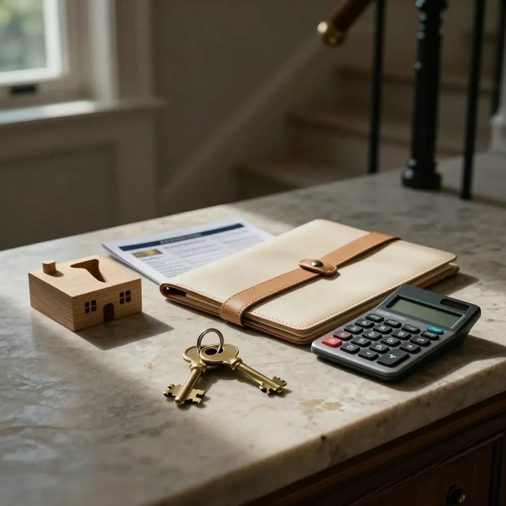 Brass keys and mortgage folders on a limestone ledge in a new London flat