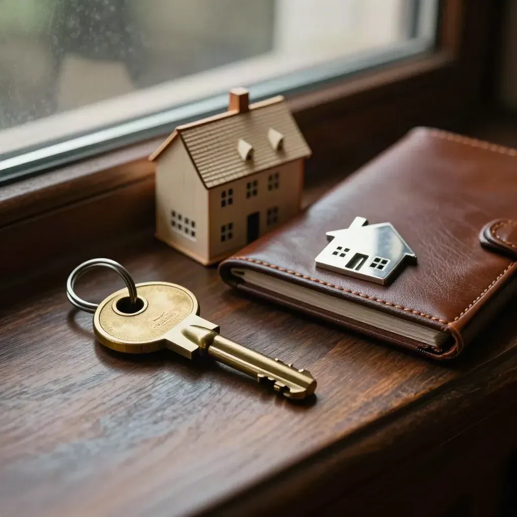 Brass house key, oak house model and leather folio on a dark walnut windowsill in moody light.