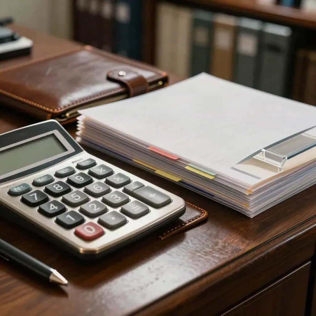 Extreme macro of business finance tools and leather file folders on a dark walnut counter.