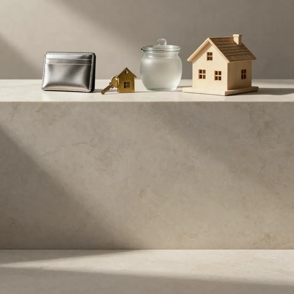 Neutral travertine ledge with finance and property objects in soft sunlight.