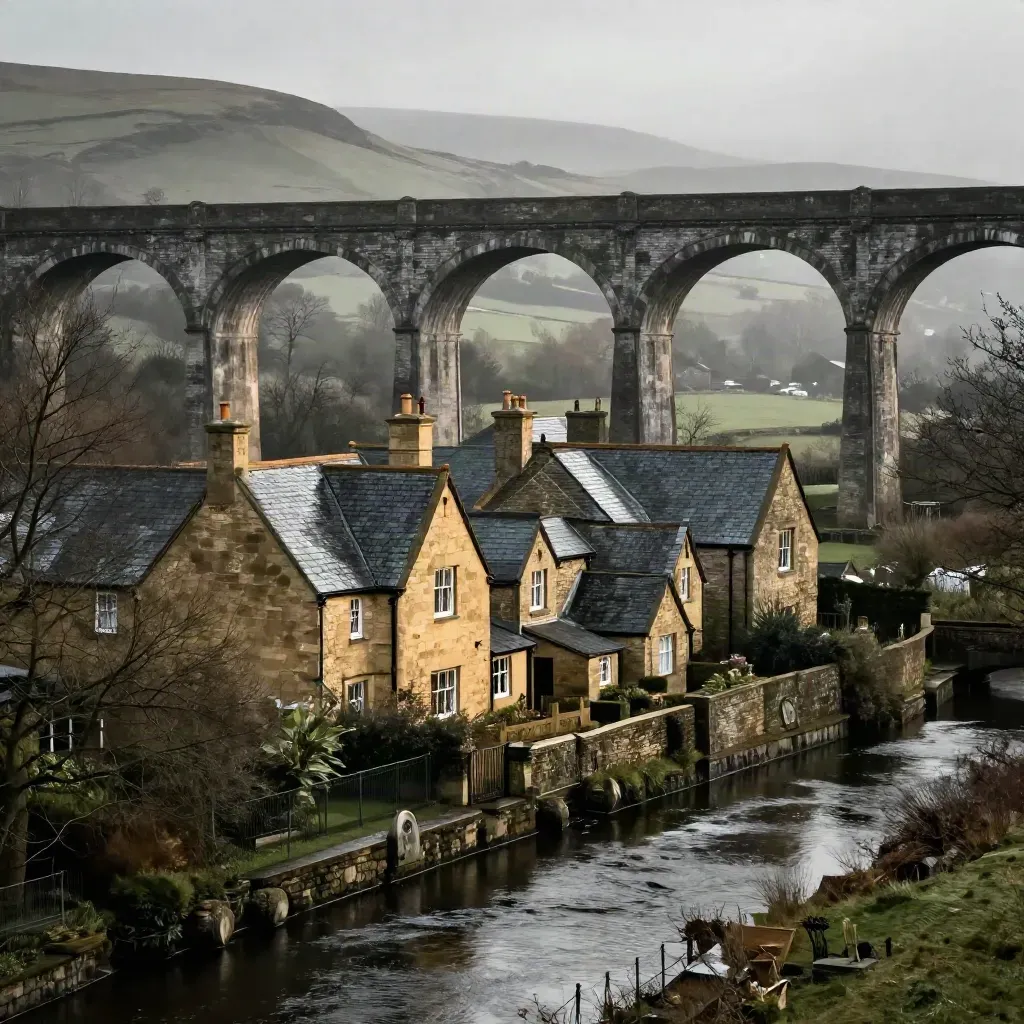 Misty sandstone viaduct and canal water beneath Pennine haze in North West England
